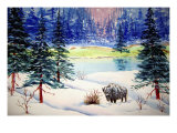 Bison in Wintery Snow Scene Giclee Print by Images Monsoon
