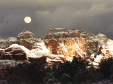 Moon Above Snow-Covered Boynton Canyon, Sedona, Arizona, USA Photographic Print by Margaret L. Jackson