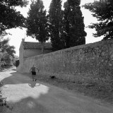Man Walks His Dog Along a Wall of the Asylum Where Van Gogh Stayed Photographic Print by Lynn Johnson