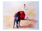 Matador Holds Red Cape Up to Bull Giclee Print by Rich LaPenna