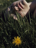 Woman Rests in the Sun in Grass Next to a Dandelion Photographie par Paul Damien
