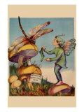 Sprite Needs His Socks Darned By a Dragonfly Who Is Sitting On a Mushroom Affiches