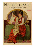 Young Girl Embroiders a Patterned Fabric Poster