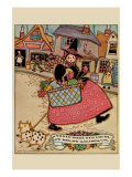 Cartoon Character Walks Thru an Old Town Carrying a Basket of Produce Prints