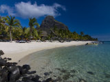 Sun Loungers on Beach and Mont Brabant (Le Morne Brabant), Mauritius, Indian Ocean Photographic Print by Michael Runkel