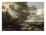 An Estuary Scene in a Gale, with Fishermen hauling in a Fixed Line Giclee Print by Bonaventura Peeters