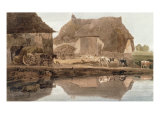 A Farmyard with Cattle and Poultry and Labourers Unloading Hay Giclee Print by Thomas Girtin