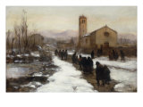 Figures by a Church in Winter Giclee Print by Vittore Antonio Cargnel