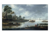 A River Estuary with Fishermen and Other Figures in Boats, the Town of Haarlem Beyond, 1675 Giclee Print by Thomas Heeremans