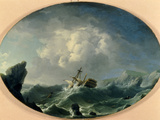 A British Man of War in Rough Seas off a Rocky Coast reproduction procédé giclée par Charles Brooking