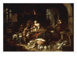 A Kitchen Interior with a Servant Girl Receiving Mussels from a Young Man Giclee-trykk av Jan van Buken