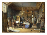 The Artist's Studio - The Painter Drawing a Portrait while Ladies Examine a Portfolio reproduction procédé giclée par Louis Haghe
