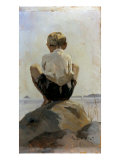 A Boy Crouching on a Rock reproduction procédé giclée par Albert Edelfelt