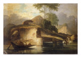 Chineses River Landscape with a Boat and Natives Gathering Water Giclee Print by George Chinnery