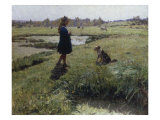 Young Girl with her Dog in the Meadows Giclee Print by Evariste Carpentier