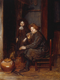 A Man Seated before a Fire Smoking a Pipe, with a Young Boy Standing Nearby Giclee-trykk av Esaias Boursse