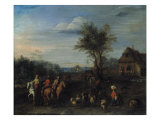 A Village Scene with Travellers on Horseback and a Herdsman with his Flock Giclee Print by Joseph van Bredael