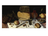 An Uitgestald Still Life of Grapes and Cheese on Pewter Plates Giclee Print by Floris van Dijck