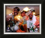 Kevin Garnett, Ray Allen, & Paul Pierce with the 2007-08 NBA Champion trophy Framed Photographic Print