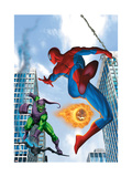 Spider-Man and Green Goblin Fighting in the City; Throwing Flaming Pumpkin Print
