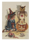 Girl With Owl And Pumpkin Print