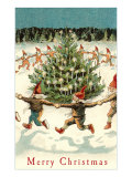 Merry Christmas, Elves Dancing Around Tree Giclee Print Merry Christmas, Elves Dancing Around Tree Giclee Print