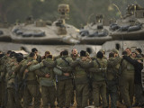 Israeli Soldiers Chant Slogans after a Briefing before Entering Gaza on a Combat Mission Photographic Print