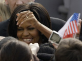 US First Lady Michelle Obama Greets the Crowd after Her Husband's Speech in Prague, Czech Republic Photographic Print
