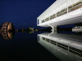 Lights Reflect Off a Railroad Bridge on the Grounds of Bill Clinton's Presidential Library Photographic Print