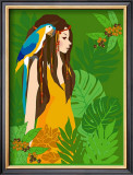 Girl in Tropical Paradise with Blue Bird Art by Noriko Sakura
