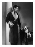 Man Models a Jersey Wool Dressing Gown, and His Wire Haired Fox Terrier Poses for the Camera Giclee Print