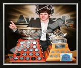 Evgeni Malkin with the Art Ross Trophy and Conn Smythe Trophy Framed Photographic Print