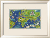 Air France: Flight Routes And Illustrated World Map, c.1950 Innrammet Giclee-trykk av Lucien Boucher