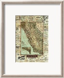 Map of California Roads for Cyclers, c.1896 Innrammet Giclee-trykk av George W. Blum Map of California Roads for Cyclers, c.1896 Innrammet Giclee-trykk av George W. Blum