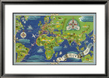 Air France: Flight Routes And Illustrated World Map, c.1950 Innrammet Giclee-trykk av Lucien Boucher