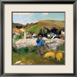 Peasants, Pigs and a Village under the Clear Sky in Brittany, France Estampe encadrée par Paul Gauguin