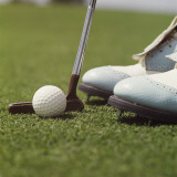 Close Up of Golf Ball , Putter and Shoes on Grass Photographic Print by Dennis Hallinan
