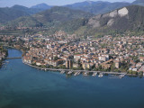 Aerial View of Buildings at the Waterfront, Oglio River, Lake Iseo, Sarnico, Province of Bergamo Photographic Print by G. Gnemmi