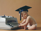 Baby Wearing Graduation Cap Typing on Typewriter Photographic Print by Dennis Hallinan