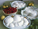 Close-Up of Mozzarella and Ricotta Cheese in Plates with Red Currants in a Basket Photographic Print by M. Santini