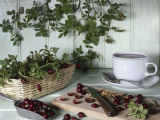 Close-Up of Dried Wild Rose Fruits on a Cutting Board with a Cup of Rosehip Juice Photographic Print by N. Chasseriau