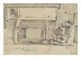 Fontaine devant un appentis, dans une cour de ferme reproduction procédé giclée par Cornelis Saftleven