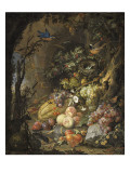 Fleurs, fruits, oiseaux et insectes dans un paysage avec ruines Reproduction procédé giclée par Abraham Mignon