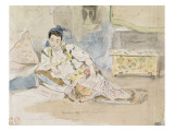 Femme arabe assise sur des coussins ; Etude pour les "Femmes d'Alger" Reproduction procédé giclée par Eugene Delacroix