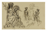 Carton 40. Feuille d'études de femme couronnée assise près d'une licorne pour "les Chimères" reproduction procédé giclée par Gustave Moreau