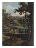 Paysage avec des barques "où parait une hauteur sur laquelle est une tour avec une chute d'eau" reproduction procédé giclée par Etienne Allegrain
