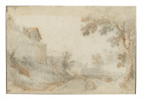 Paysage avec un mur et une maison à gauche. Giclée-tryk af Cristofano Allori Paysage avec un mur et une maison à gauche. Giclée-tryk af Cristofano Allori