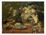 Singes et perroquet auprés d'une corbeille de fruits reproduction procédé giclée par Frans Snyders
