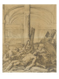 Vierge de Pitié entourée de deux anges au pied de la Croix devant un hôpital reproduction procédé giclée par Laurent de La Hyre