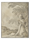 Saint Fiacre , à genoux, méditant reproduction procédé giclée par Laurent de La Hyre